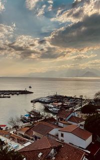 High angle view of sea against sky during sunset