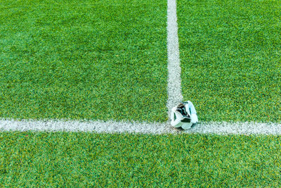 High angle view of soccer field