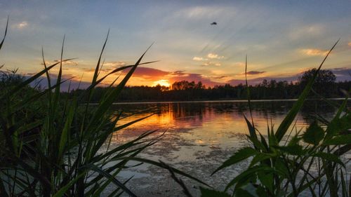 Scenic view of lake against sky during sunset