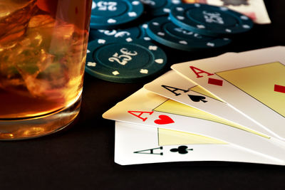 High angle view of glasses on table