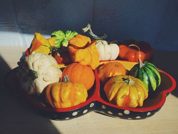 High angle view of pumpkins on table