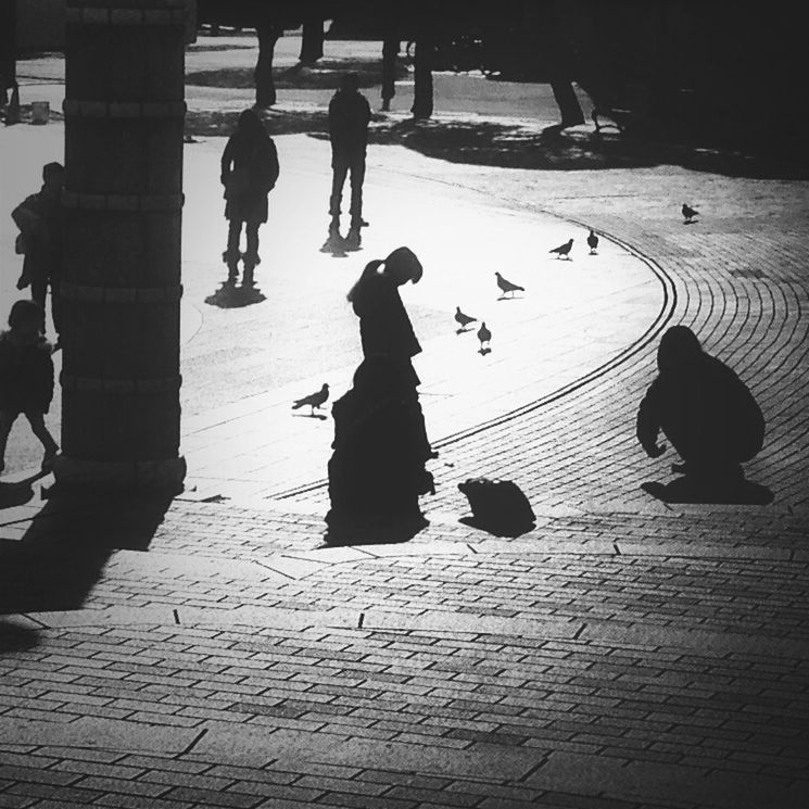 lifestyles, walking, men, full length, leisure activity, person, shadow, street, togetherness, rear view, silhouette, sunlight, city life, the way forward, standing, large group of people, road, outdoors