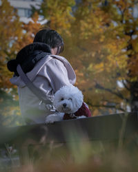 Rear view of woman with dog against trees