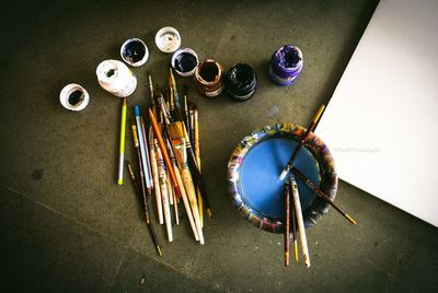 Close-up high angle view of multi colored pencils