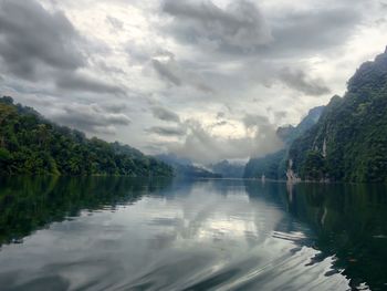 Scenic view of lake by trees against sky