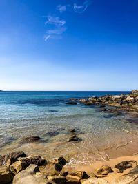 Scenic view of sea against clear blue sky