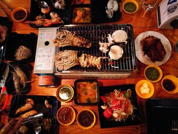 High angle view of various food on table