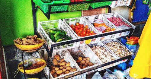 High angle view of fruits for sale at market stall