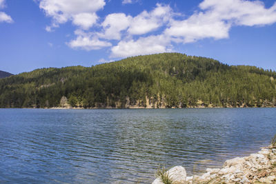 Scenic view of lake and mountains against sky