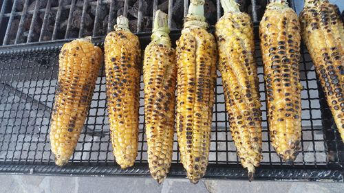 High angle view of roasted corns on metal grate over burning charcoal