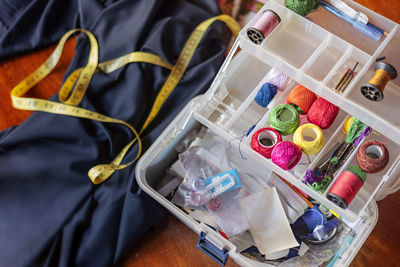 High angle view of multi colored candies on table