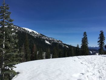 Scenic view of snow covered mountains against blue sky