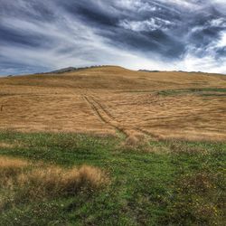 Scenic view of field against cloudy sky