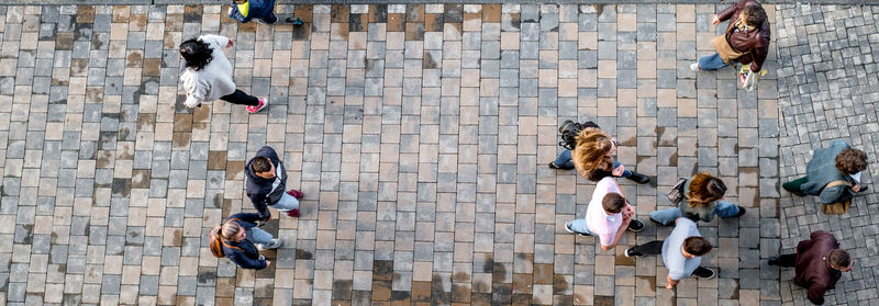 High angle view of people walking outdoors