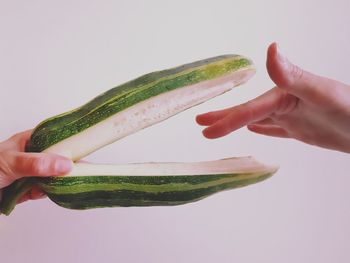 Close-up of hand holding zucchini over white background
