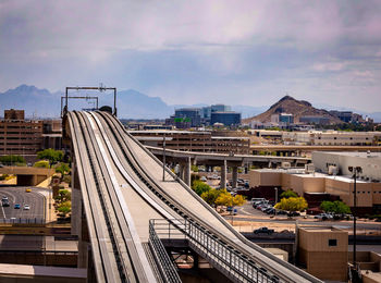 Railroad tracks amidst buildings in city against sky