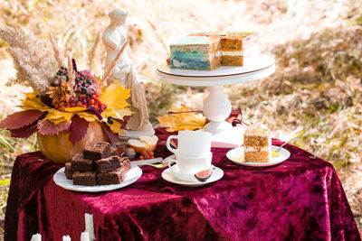 Close-up of cake served on table