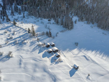 High angle view of snow covered land