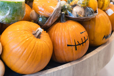 High angle view of pumpkins for sale at market