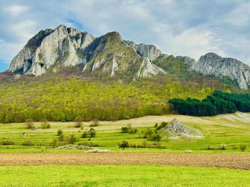 Scenic view of landscape and mountains against sky