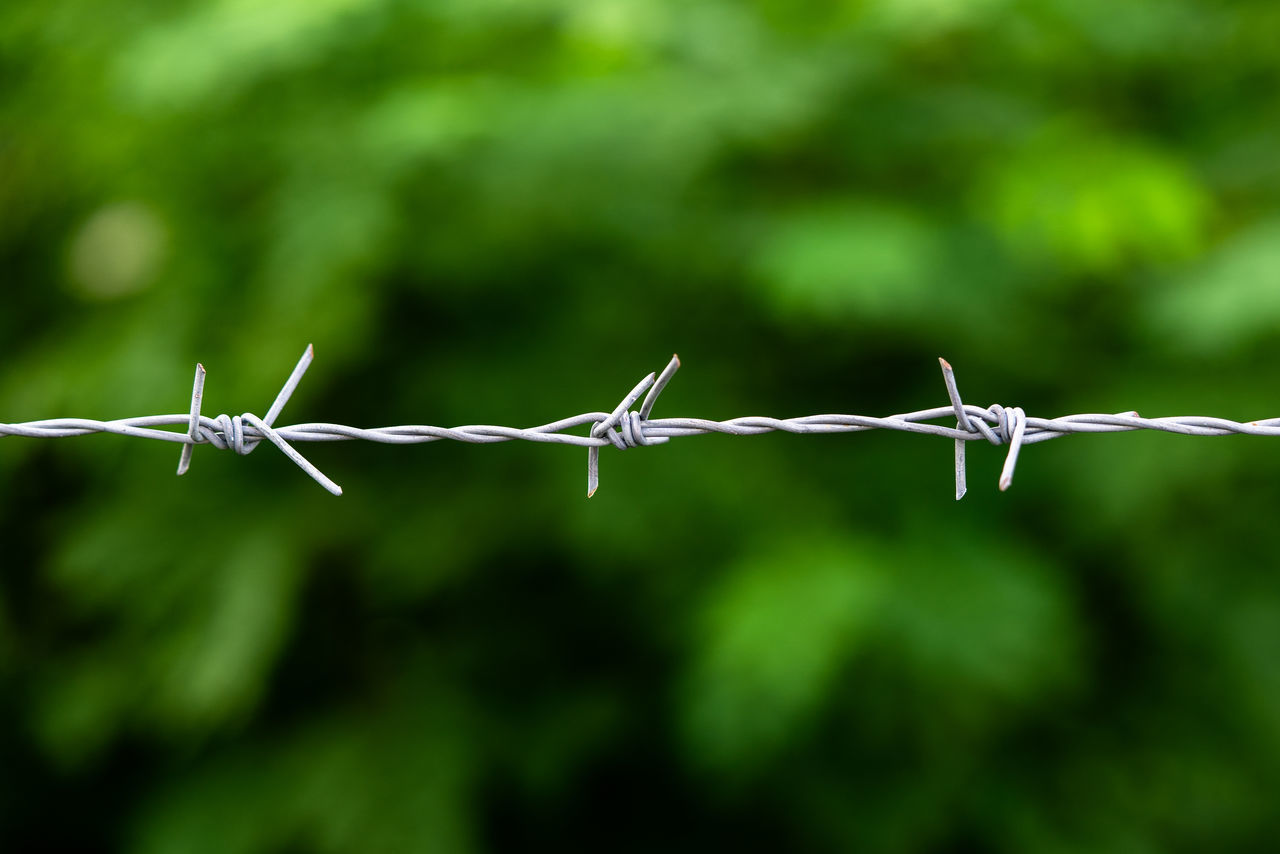 CLOSE-UP OF BARBED WIRE AGAINST FENCE