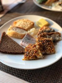 High angle view of breakfast served on table