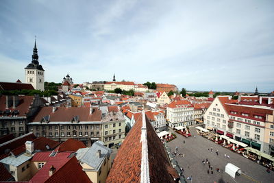 High angle view of houses against sky