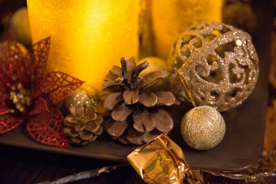 Close-up of christmas decoration on table