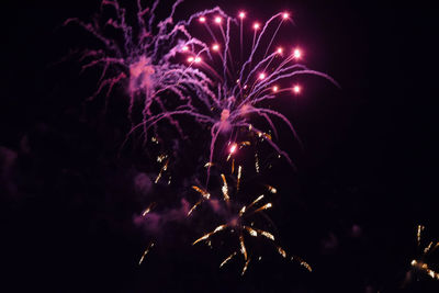 Low angle view of firework display at night