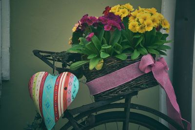 Close-up of multi colored flower pot against wall