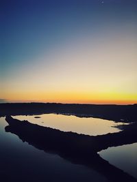 Scenic view of lake against clear sky during sunset