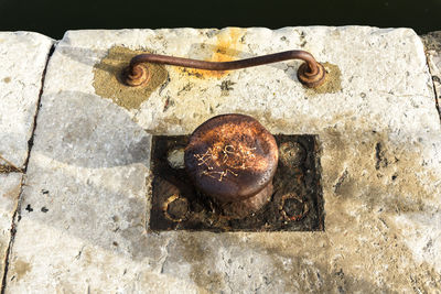 High angle view of food on rusty metal