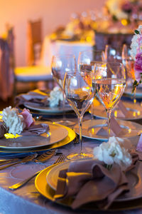 Close-up of wine in glass on table at restaurant