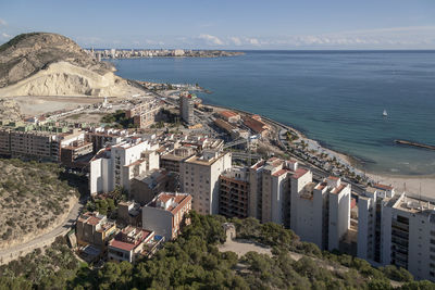 Panoramic shot of town by sea against sky