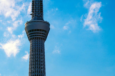 Low angle view of modern building against blue sky