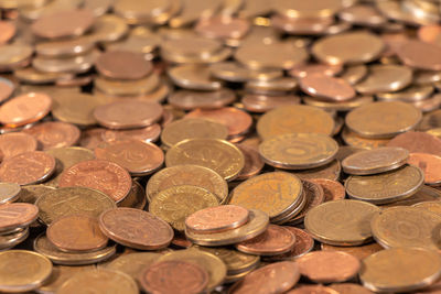 High angle view of coins