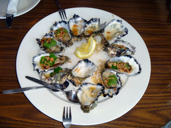 High angle view of food in plate on table