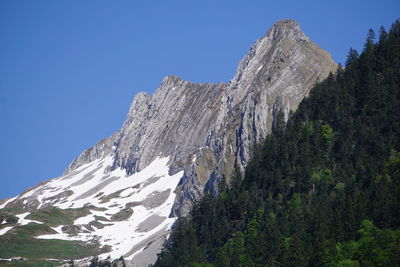 Low angle view of snowcapped mountains against clear sky