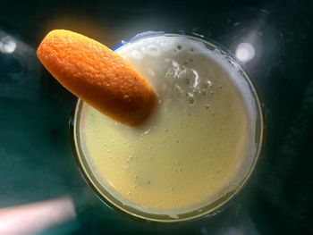 High angle view of drink in glass on table