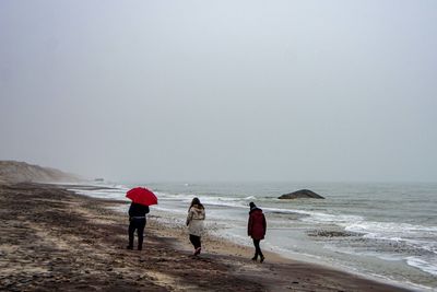 Rear view of people on beach against clear sky