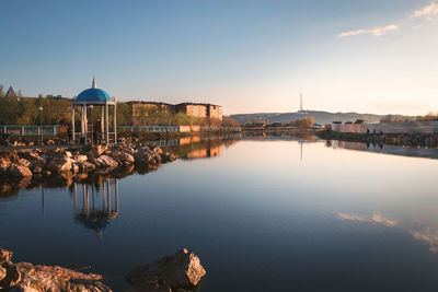 Reflection of buildings in lake at sunset