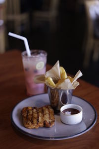 Close-up of food served on table