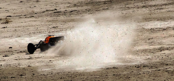 Person paragliding on sand