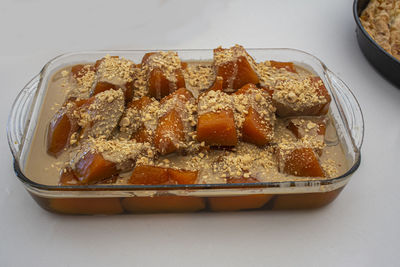 High angle view of dessert in plate on table