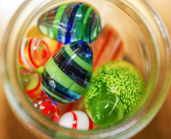 Close-up of easter eggs in container on table