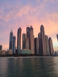 River by dubai marina against cloudy sky during sunset