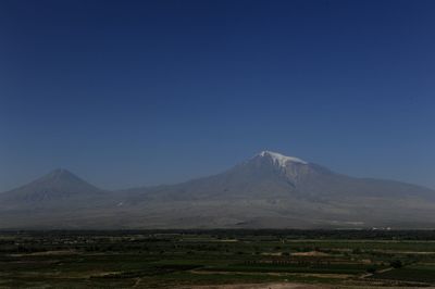 Scenic view of field against clear blue sky