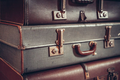 Vintage suitcases. selective focus on suitcases detail, blurred background. close up