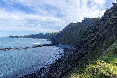 Scenic view of sea and mountains against sky