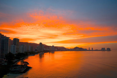 Scenic view of sea and buildings against sky during sunset